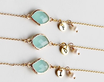 Bridesmaids Bracelet Gift, 14K Gold Plated, Personalized BirthStones initial Bracelet, flower girl, White Pearl Bracelet wedding jewelry