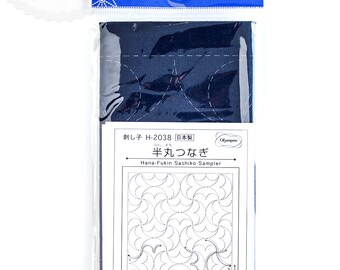 Sashiko Pre-Printed Sampler, Hana-Fukin Sashiko Sampler; "Hanmaru-tsunagi"/Wavy clamshells Sashiko Sampler; by Olympus, made in Japan