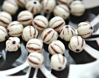 Shabby Chic - Premium Czech Glass Beads, Opaque White, Ivory, Brown Wash, Baby Melon Rounds 6mm - Pc 25
