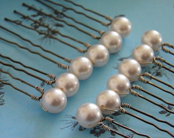 12 White 10mm Swarovski Crystal Pearl Hair Pins