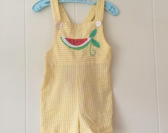 1960's yellow & white gingham shortalls romper with watermelon - size 3t
