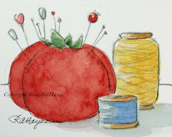 Red Pincushion Sewing Notions Original Painting Watercolor Vintage ACEO Gift