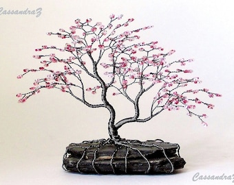 Asymmetrical Cherry Blossom Beaded Bonsai Mini Wire Tree Sculpture Spring Colors - MADE TO ORDER Custom