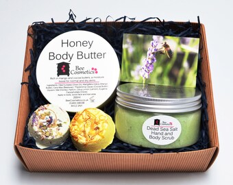 Gift set, Body Butter, Dead Sea Body Scrub and two Cocoa Butter Bath Melts. Gift wrapped for you. Honey or Jasmine