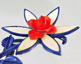 BIG SALE Vintage Red White Blue Flower Brooch. Mod Flower Power Pin. Red White and Blue Rose Brooch.