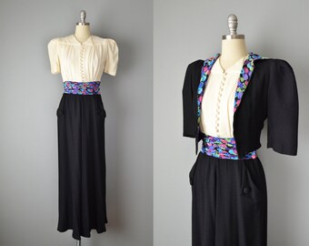 Vintage 30s Dress // 1930s Silk Crepe Gown with Matching Hooded Jacket // Small