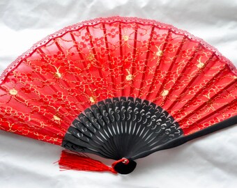 Red Lace Hand Fan -Handheld Folding Fan, Spanish Hand Fan, Lace hand fan, black hand fan