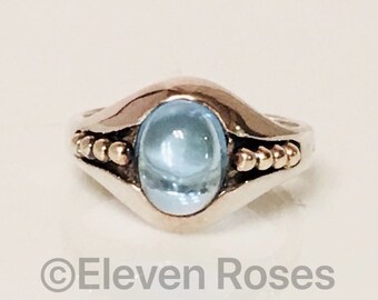 Lagos Caviar Blue Topaz Cabochon Statement Ring & 925 Sterling Silver 750 18k Gold Free US Shipping