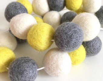Yellow, grey and ivory felt ball garland