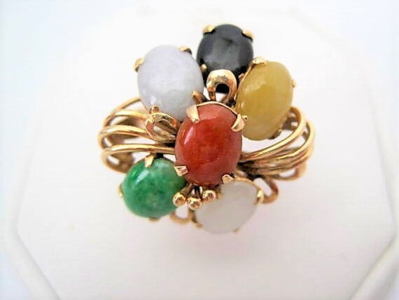 Jade Ring, 14K Gold Cluster, Multistone Setting, Size 6.5, Jade Gift for Women