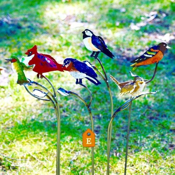Metal Bird Garden Stakes Handpainted