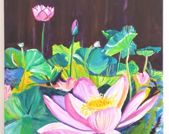 Lotus Flower Original Acrylic Painting from Kauai Hawaii, Pink Lotus Garden, Tropical Flower Art, Zen Water Gardens Hawaiian Interior Design
