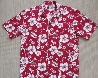 Red Hawaiian Shirt ALOHA REPUBLIC Hawaii Mod Surfer Hibiscus Flower Floral Aloha Shirt Mens 100% Cotton Camp - L - Oahu Lew's Shirt Shack