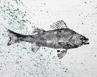 ORIGINAL Perch GYOTAKU Fish Rubbing Lake Art on Best Natural Muslin cloth 11 X 14 for cabin or cottage