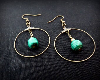 Hoop earrings and genuine malachite