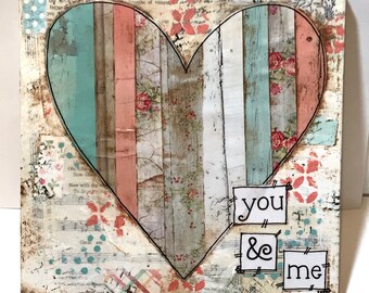 Valentines Day Decor, Vintage Floral heart, You & Me, Valentine Sign, Painted Heart Sign