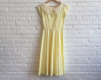1940s Yellow Organdy Dress // 40s Dress Large Collar // Vintage 40s Dress
