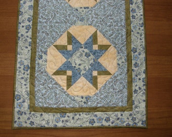Long Blue Quilted Table Runner, Blue Patchwork Table Runner Quilt, Blue Quilted Bed Runner, Blue Yellow Table Runner, Quiltsy Handmade