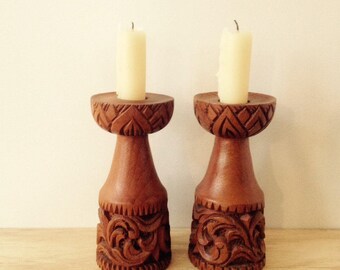 Boho carved wooden candlesticks / candle holders