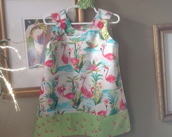 Florida Flamingos Dress, (infant, baby, girl, toddler,child) with matching hair accessory.