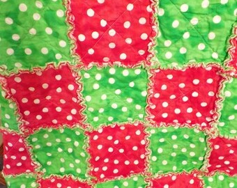 On Sale Christmas Rag Quilt - Red and Green - Fun Polka Dots - Lap Quilt - Handmade