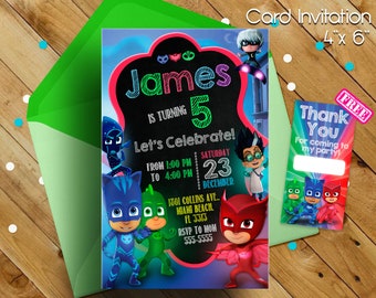 PJ Masks Invitation, Pj Masks Birthday Invitation, PJ Masks, PJ Masks Invitations, Pj Masks Birthday Party, Pj Masks kids, Card Pj Masks