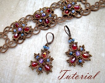 Tatting pattern earrings bracelet Frivolite tutorial jewelry Lace filigree jewelry Beaded instruction tatting beading earrings