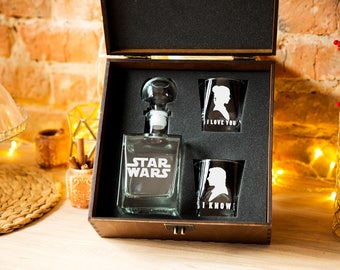 STAR WARS Whiskey decanter Set (17 oz.) Han Solo Princess Leia I Love You I know Mens gift for him Christmas gift St. Valentine's Day gift