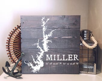 Custom Lake Sign with Last Name and Coordinates - Hand painted, Wood Sign