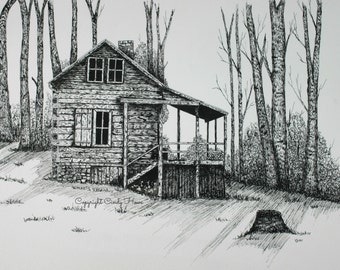 Log cabin print, country, cabin, landscape, mountain cabin, pen and ink, old cabin