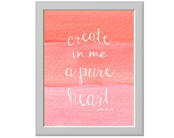 Coral Nursery Art Print - Coral Ombre - create in me a pure heart - girls nursery coral - bible verse