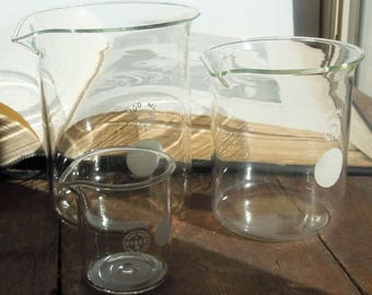 Science Glass / 3 Vintage Beakers from the 1940's / Pyrex Laboratory Glass / Great Scientific Decor and Style