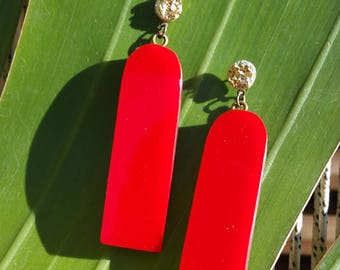 Wood and red acrylic earrings