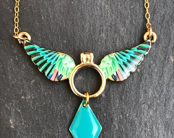 Colorful Hummingbird gold turquoise bib necklace