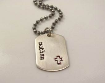 Boys christian gift -MINI DOG TAG- personalized-Hand Stamped Sterling Silver dog tag cross Necklace-first communion gift confirmation gift