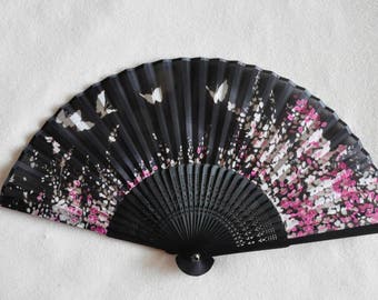 Silk Black Sakura and butterfly Hand Fan with sleeve -Handheld Folding Fan, Japanese Hand Fan,Japanese folding fan,Cherry blossom