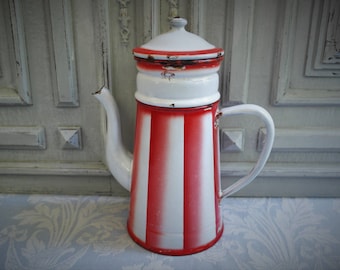 Vintage enamel French coffee pot, dripper filter, red and white striped "Lustucru" 1930's, stripes enamelware, antique country kitchen
