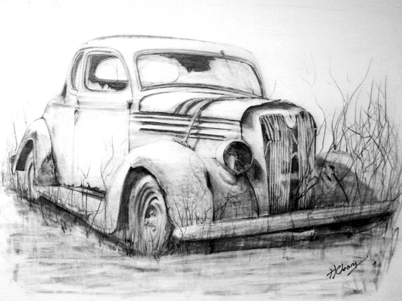 Old Abandoned Car Graphite Pencil Drawing. Print from an
