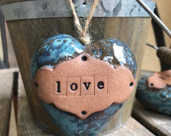 Ceramic Heart Rattle Ornament | Rustic Blue Stoneware Heart | Pottery Heart Ornament | 3D Heart rattle | Shower favor | Housewarming Gift