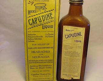 c1940s Hicks Liquid Capudine price 60 cents Capudine Chemical Co. Raleigh, N.C. , With label & Box ,Labeled Medicine Bottle No.2