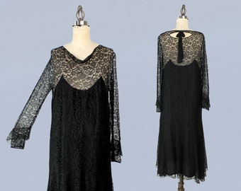 1920s Dress / 20s Illusion Lace Witchy Dress / Art Deco / L