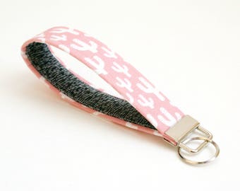 Light Pink Cactus Keychain - Key Fob - 5 Inch Key Ring Wristlet - Loop Keyring - Cute Key Strap - Short Lanyard - Dusty Pink, Black, White