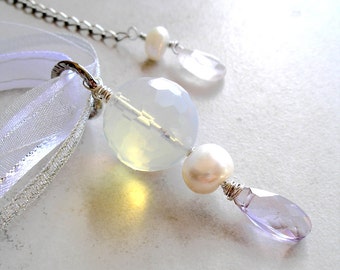 Opalite Pendant Necklace Amethyst Rose Quartz Pearl Wire Wrapped Wearable Art Jewelry