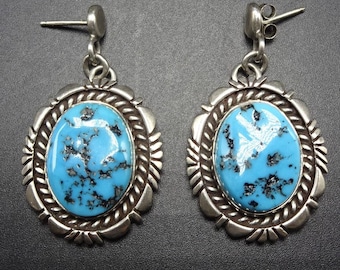Vintage NAVAJO Sterling Silver & Sleeping Beauty TURQUOISE EARRINGS Pierced