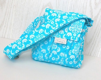 Padded Compact Camera Bag in Blue Damask and Gray with Adjustable Strap Digital Canon Rebel T3i EOS 55mm
