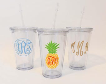Monogrammed Double Wall Tumbler with Straw Clear Acrylic Cup