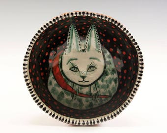 Cat With ESP - Original Painting by Jenny Mendes in a Hand Pinched Ceramic Finger Bowl