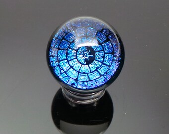 25mm Blue Purple Mayan Hunab Ku Dichroic Image Borosilicate Glass Marble with black back. Comes with stand, ships immediately!