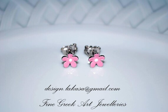Pink Enamel Flower Stud Earrings Sterling Silver 925 white Gold plated Handmade Jewelry Baby Girl Moda Gift Kids Collection Floral Design