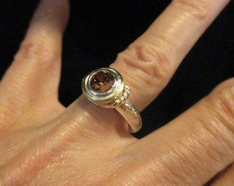 Cognac CZ Sterling Ring With 14 K Yellow Gold Accents Size 6